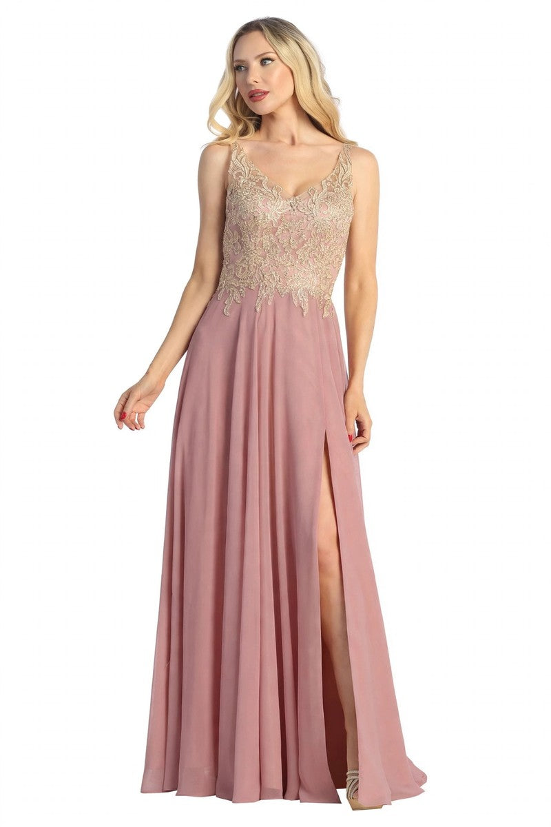 Dusty Rose sleeveless beaded bodice a-line prom gown, front view