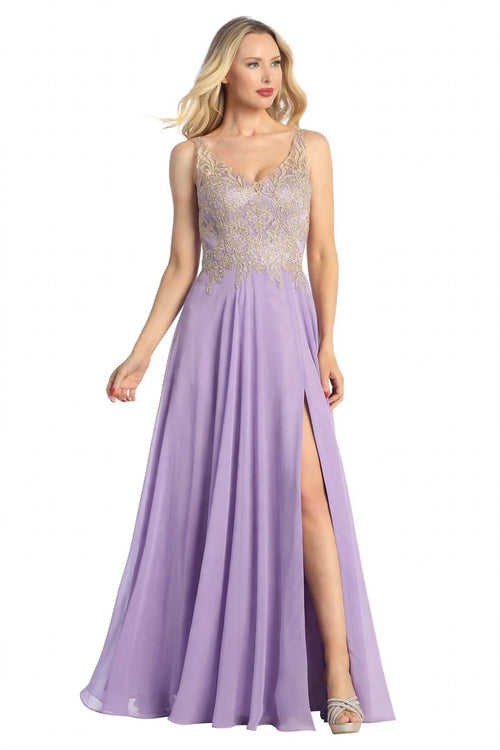 Lavender sleeveless beaded bodice a-line prom gown, front view
