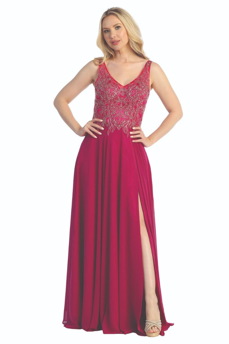 Magenta sleeveless beaded bodice a-line prom gown, front view