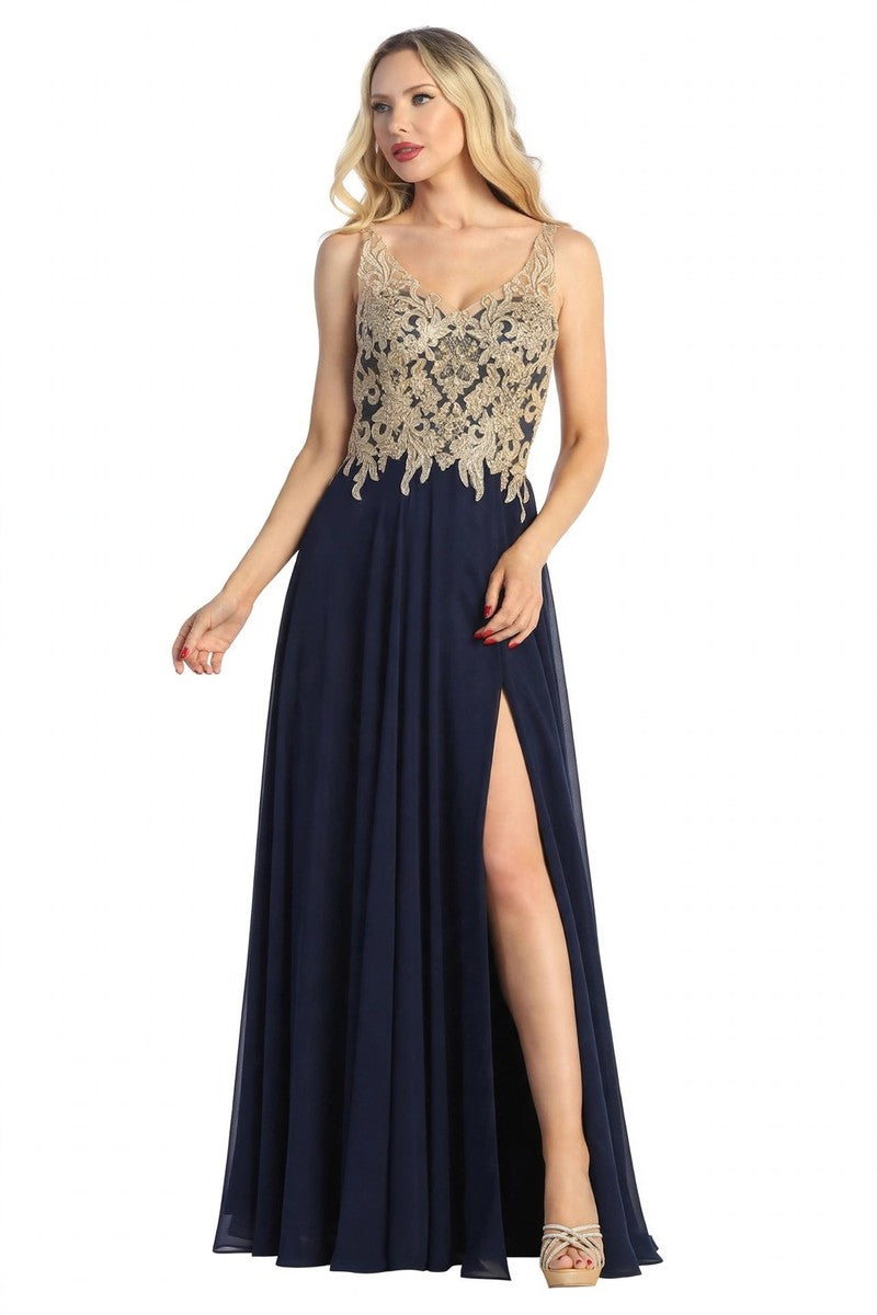 Navy/Gold sleeveless beaded bodice a-line prom gown, front view