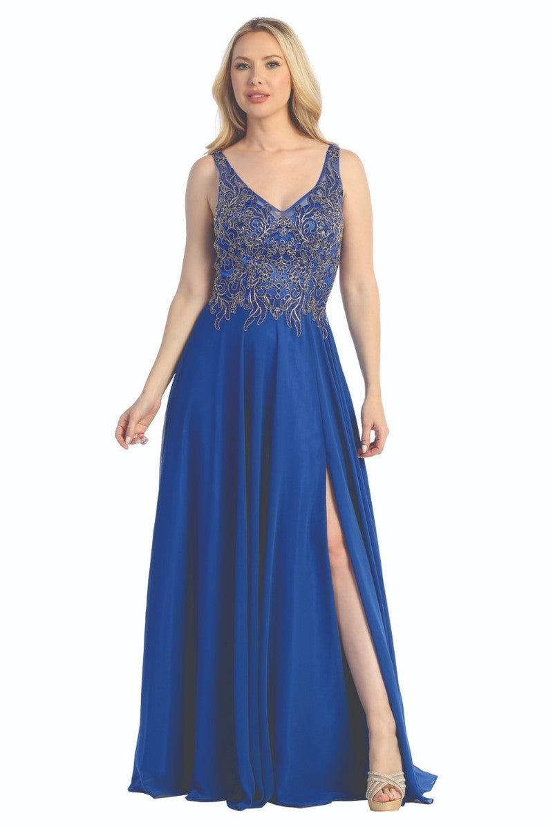 Royal Blue sleeveless beaded bodice a-line prom gown, front view