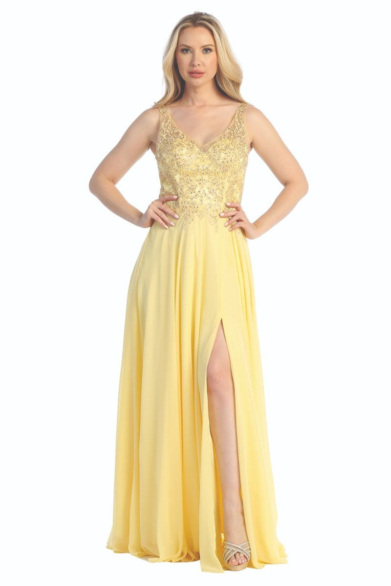 Yellow sleeveless beaded bodice a-line prom gown, front view