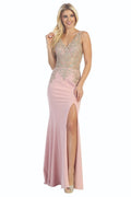 Rose sleeveless beaded bodice mermaid prom gown, front view
