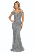 Charcoal off shoulder beaded bodice mermaid prom gown, front view