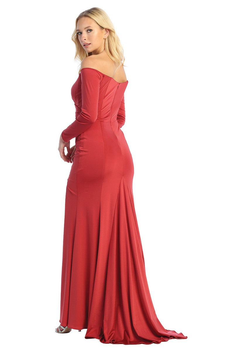 Burgundy long sleeve ruched fitted prom gown, back view
