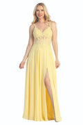 Yellow v neck beaded bodice chiffon a-line prom gown, front view