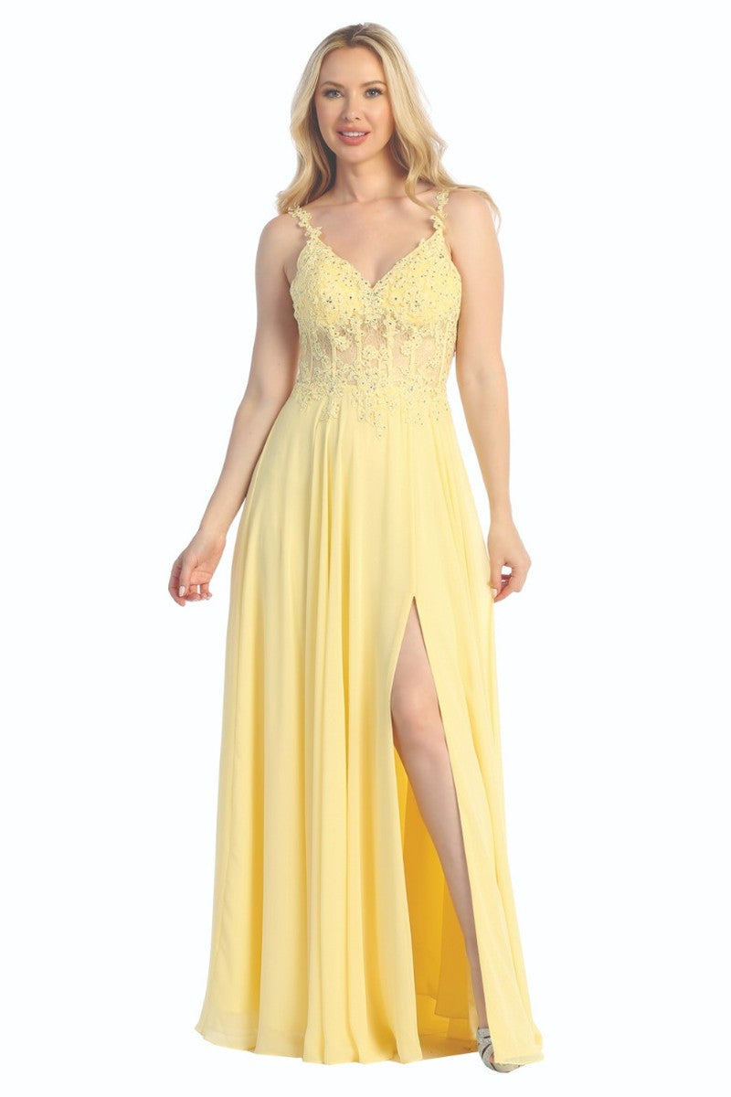 Yellow v neck beaded bodice chiffon a-line prom gown, front view