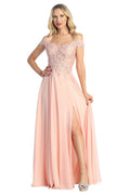 Blush off shoulder a-line prom gown, front view