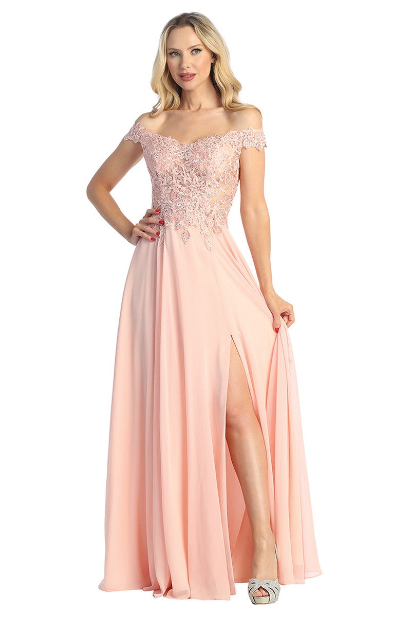 Blush off shoulder a-line prom gown, front view
