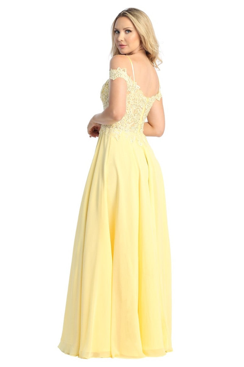 Yellow off shoulder a-line prom gown, front view