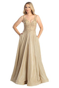 Champagne sleeveless glitter a-line prom gown, front view
