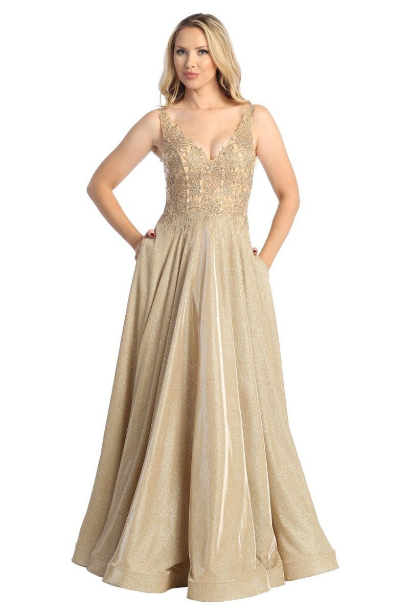 Champagne sleeveless glitter a-line prom gown, front view