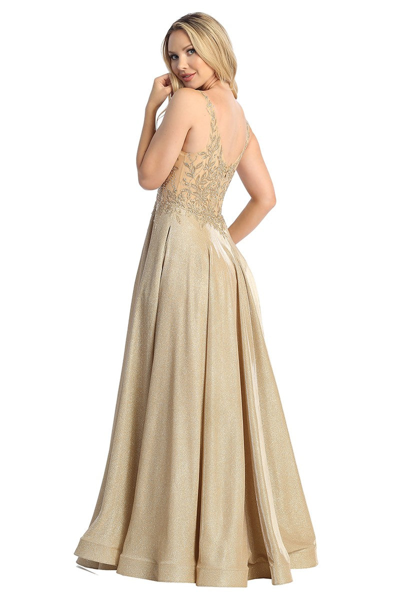 Champagne sleeveless glitter a-line prom gown, back view