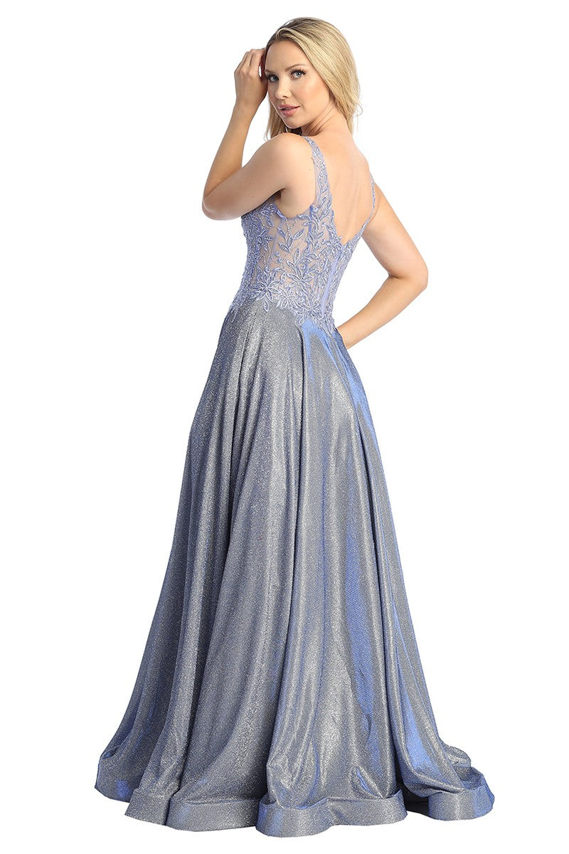 Periwinkle sleeveless glitter a-line prom gown, back view