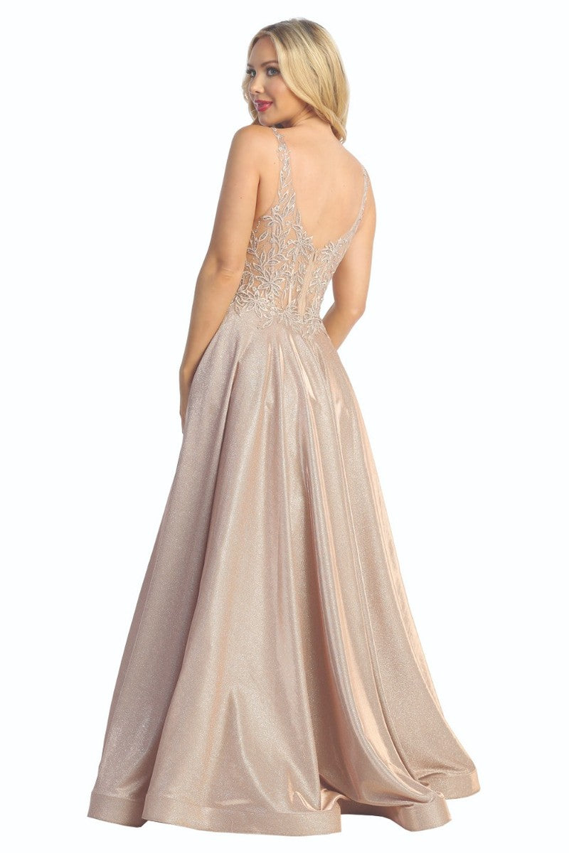 Rose sleeveless glitter a-line prom gown, back view