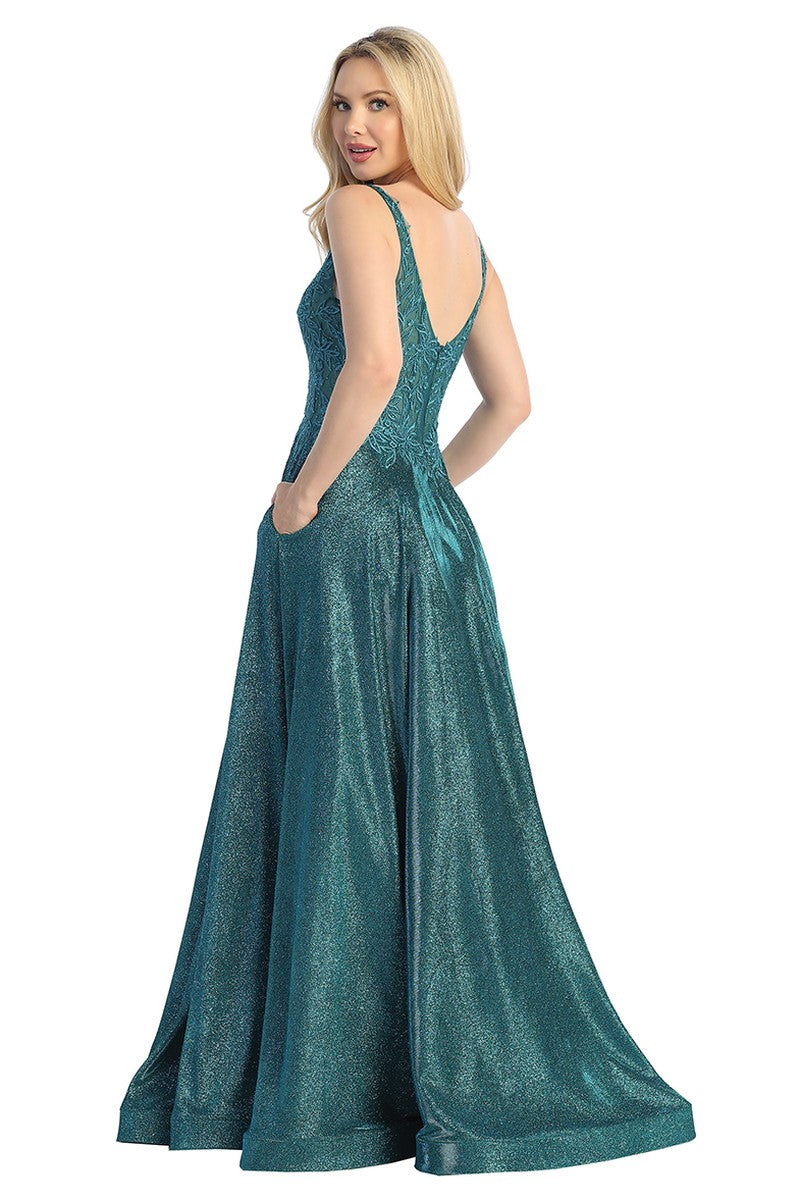Teal sleeveless glitter a-line prom gown, back view