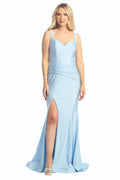 Baby Blue sweetheart ruched satin fitted prom gown, front view