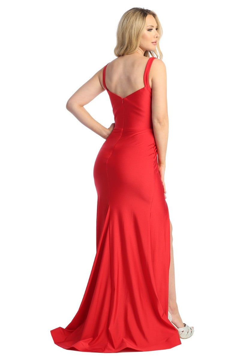Red sweetheart ruched satin fitted prom gown, back view