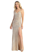 Champagne v neck sequin fitted prom gown, front view