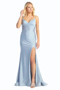 Baby Blue v neck satin fitted prom gown, front view