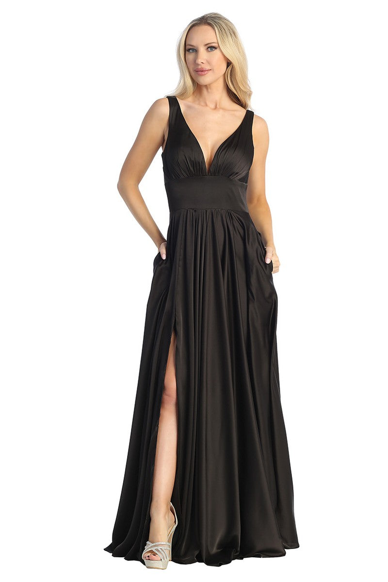 Black sleeveless satin a-line prom gown, front view