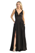 Black sleeveless satin a-line prom gown, front view