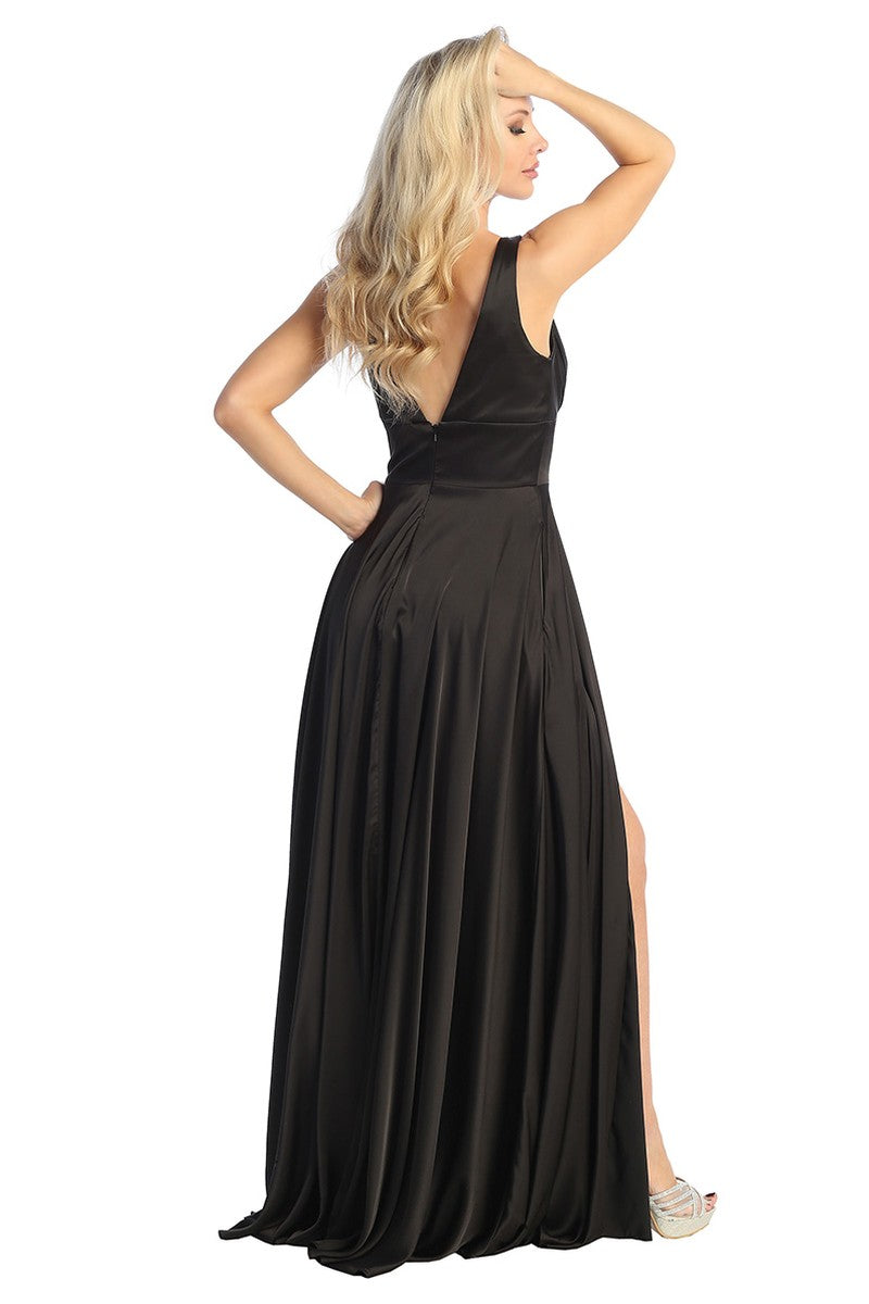Black sleeveless satin a-line prom gown, back view