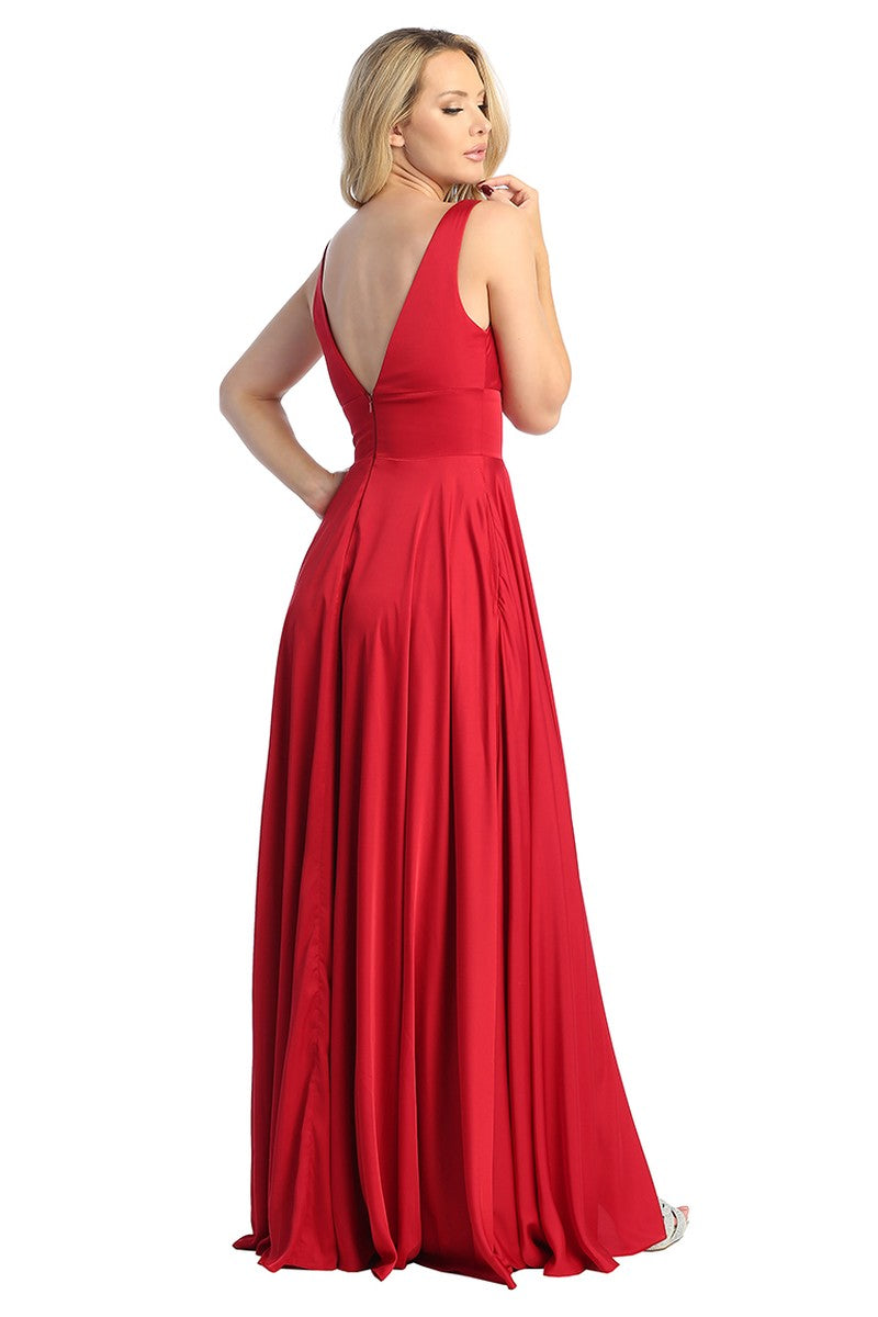 Burgundy sleeveless satin a-line prom gown, back view