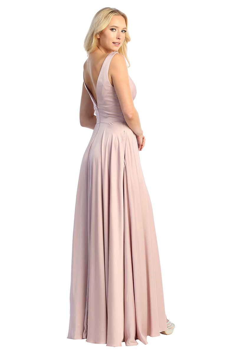 Dusty Rose sleeveless satin a-line prom gown, back view