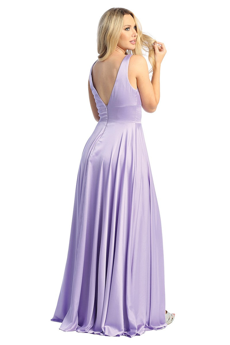 Lavender sleeveless satin a-line prom gown, back view