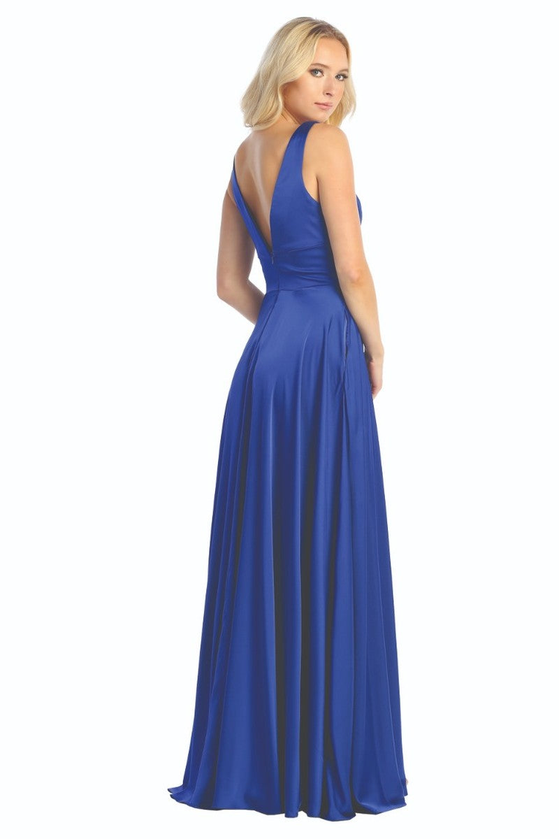 Royal Blue sleeveless satin a-line prom gown, back view
