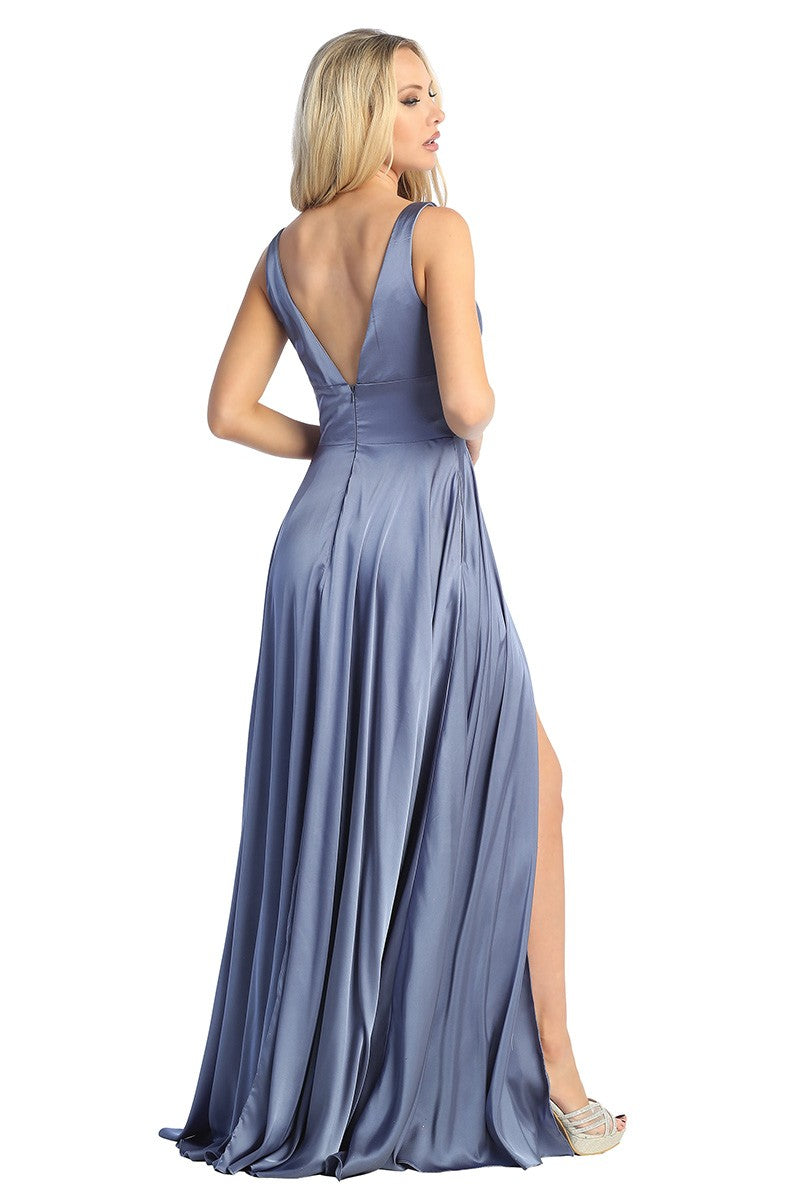 Slate Blue sleeveless satin a-line prom gown, back view