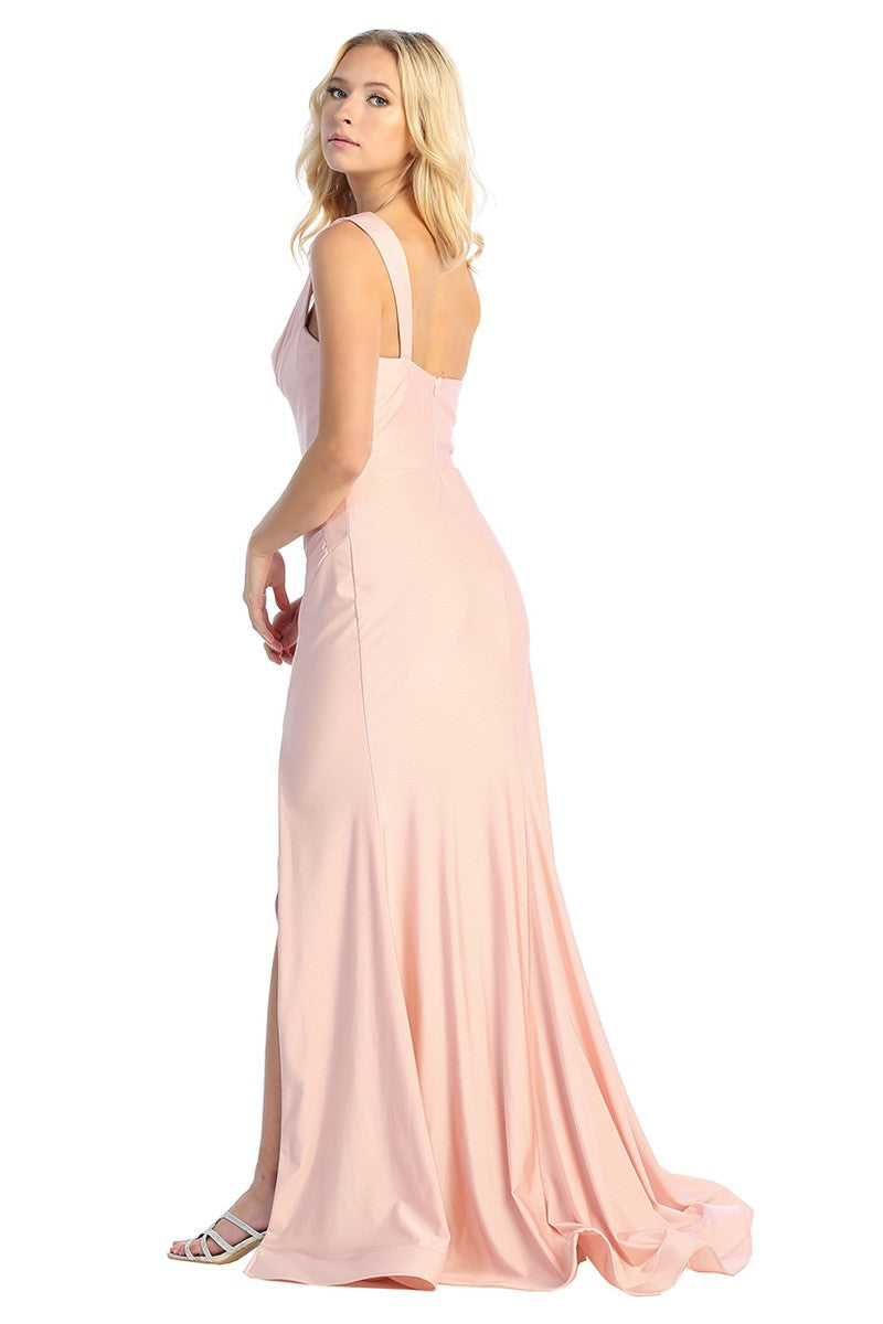 Blush one shoulder ruched satin fitted prom gown, back view