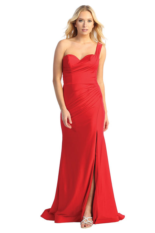 Red one shoulder ruched satin fitted prom gown, front view