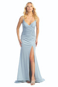 Dusty Blue v neck ruched mermaid prom gown, front view