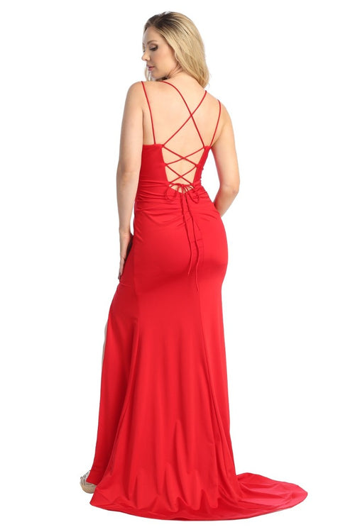 Red v neck ruched mermaid prom gown, back view