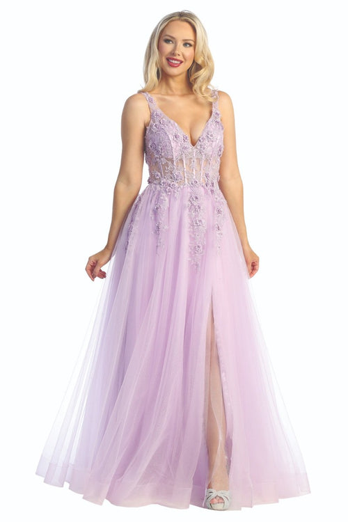 Lilac sleeveless lace applique tulle a-line prom gown, front view