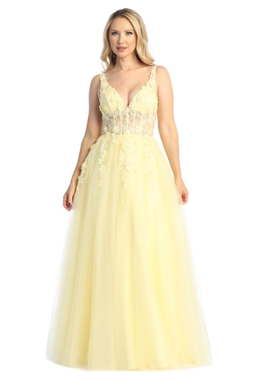 Yellow sleeveless lace applique tulle a-line prom gown, front view