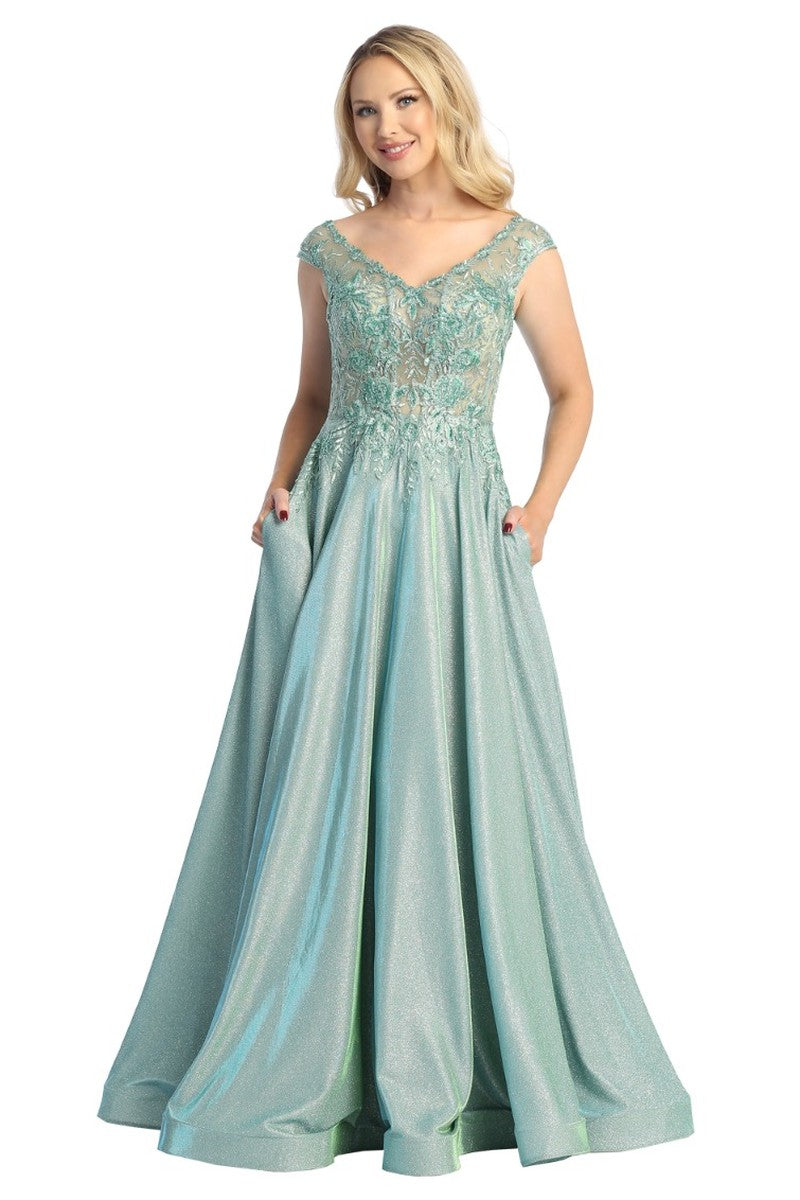 Green short sleeve a-line prom gown, front view