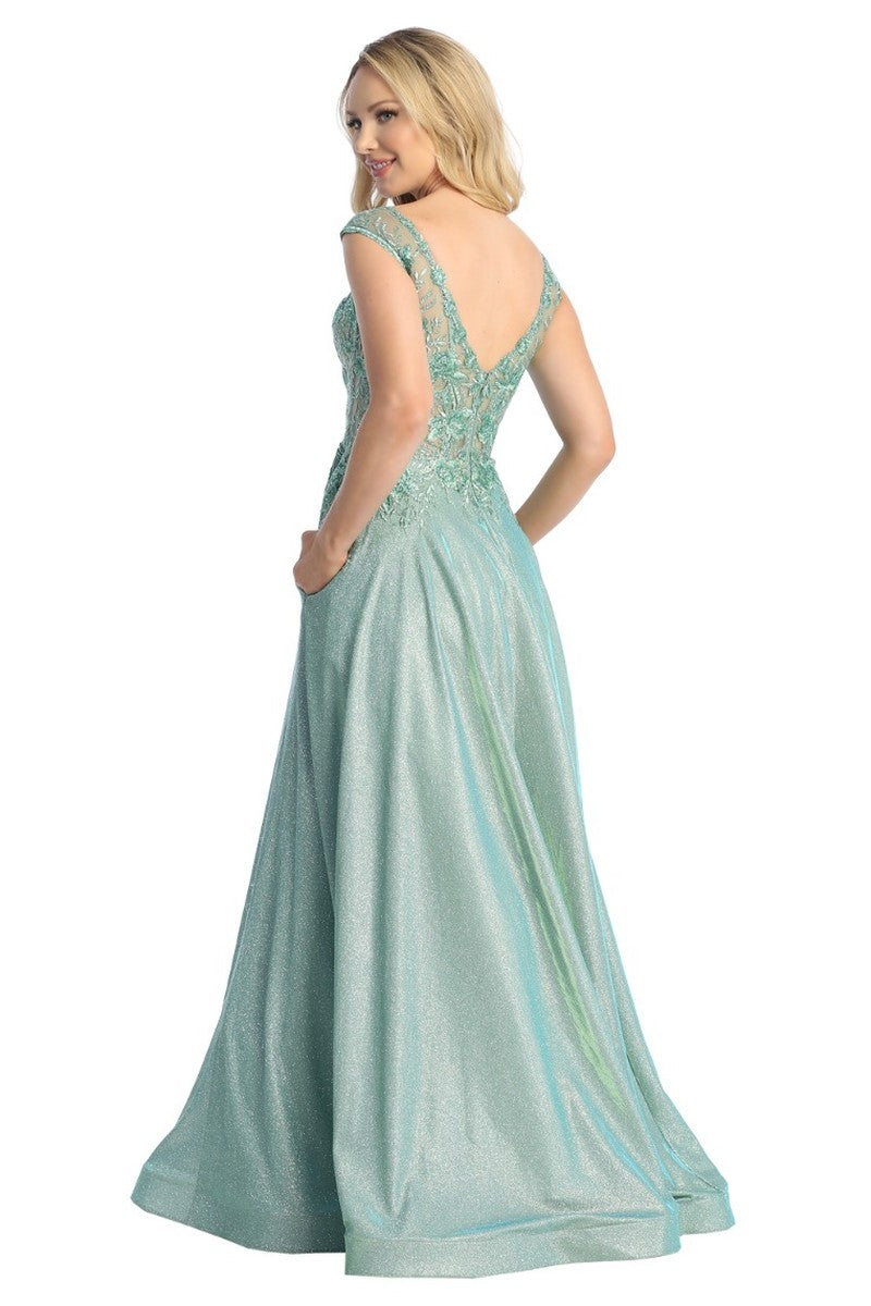 Green short sleeve a-line prom gown, back view