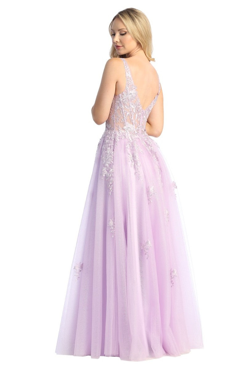 Lilac sleeveless tulle a-line prom gown, back view