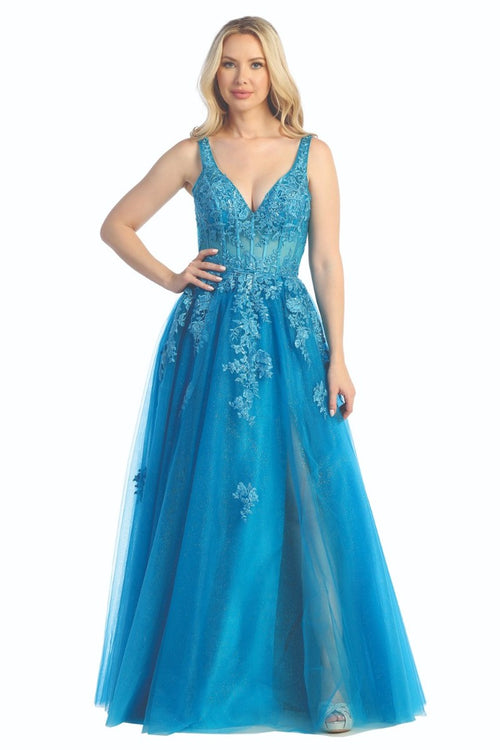Teal sleeveless tulle a-line prom gown, front view