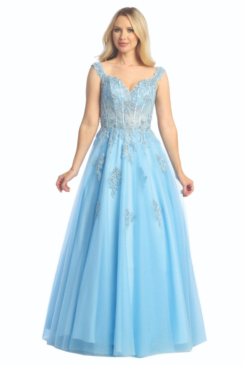 Sky Blue off shoulder beaded bodice tulle a-line prom gown, front view