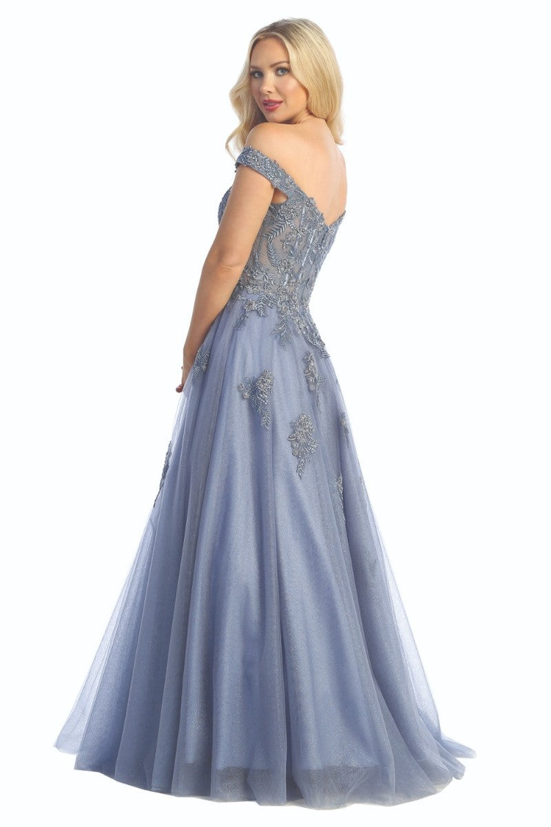 Slate Blue off shoulder beaded bodice tulle a-line prom gown, back view