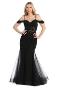 Black off shoulder beaded bodice tulle mermaid prom gown, front view