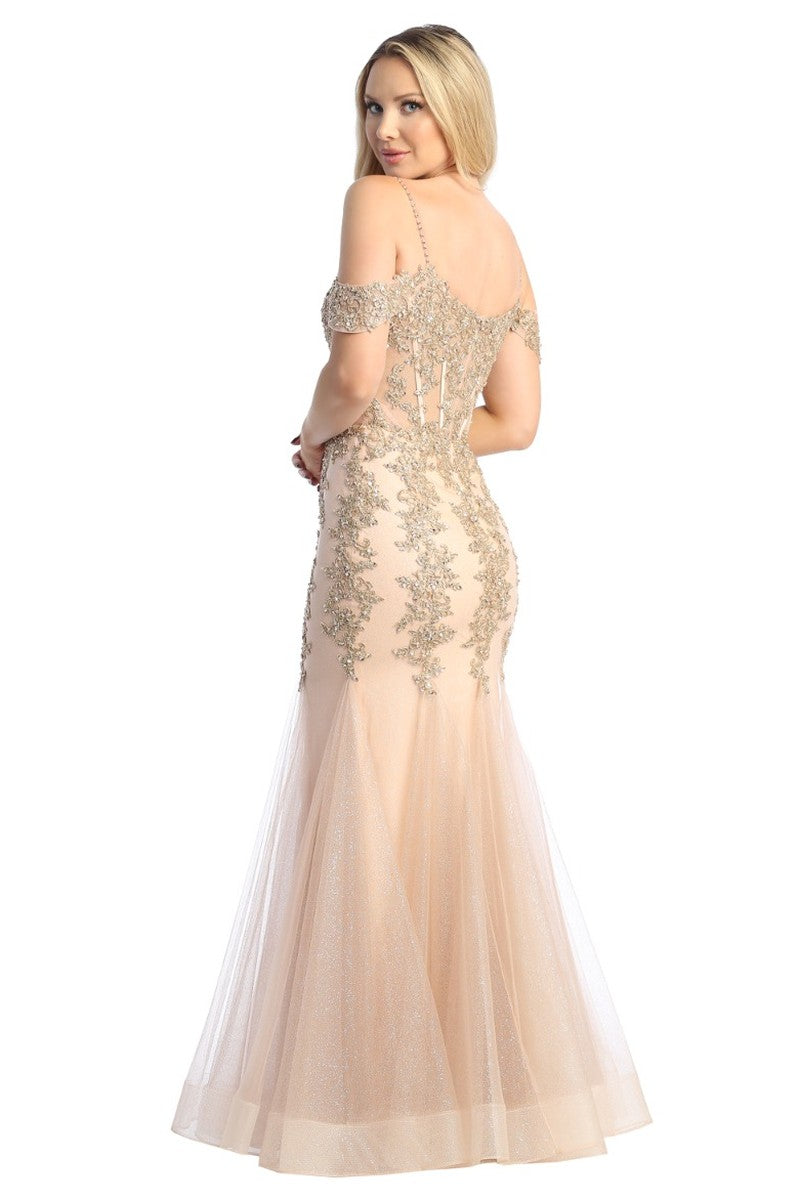Rose Gold off shoulder beaded bodice tulle mermaid prom gown, back view