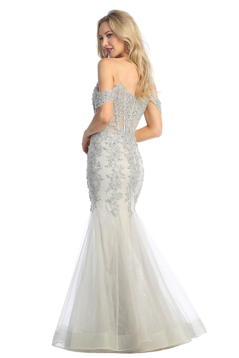 Silver off shoulder beaded bodice tulle mermaid prom gown, back view