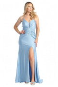Baby Blue sleeveless ruched satin fitted prom gown, front view