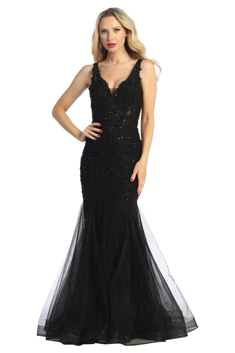 Black sleeveless tulle mermaid prom gown, front view