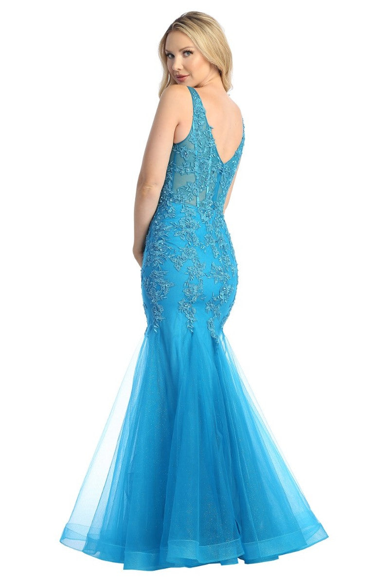 Teal sleeveless tulle mermaid prom gown, back view